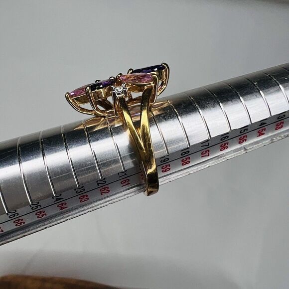 Vintage Ring Sz 9 Beautiful Pink Purple Clear Crystal Floral Gold Plate 4167 - Picture 9 of 12